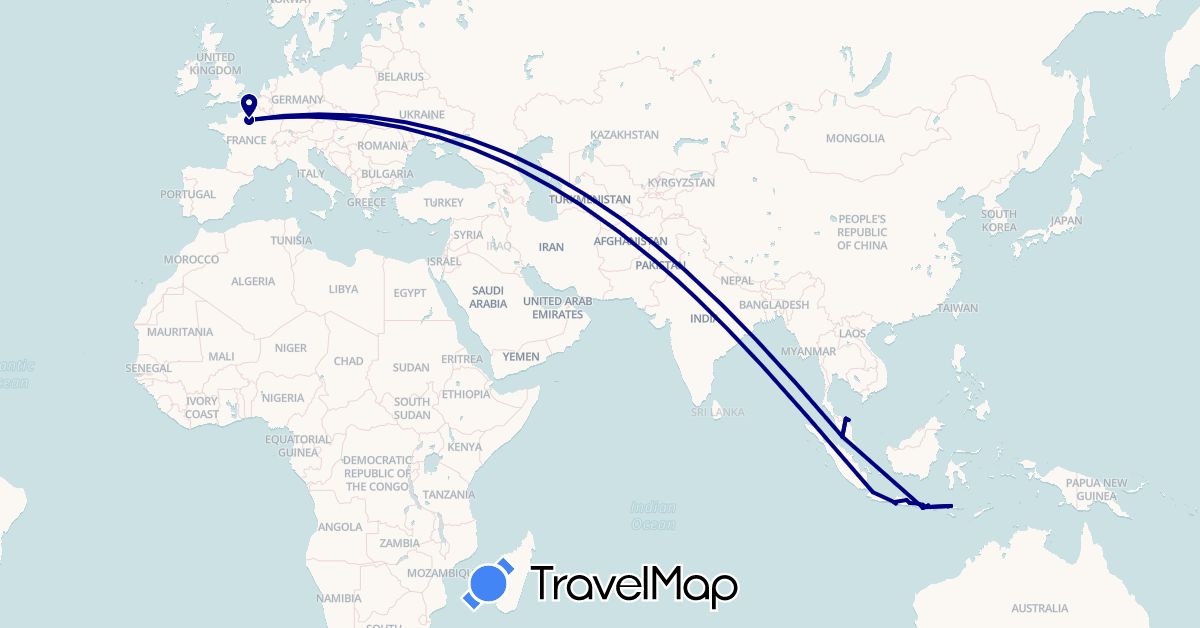 TravelMap itinerary: driving in France, Indonesia, Malaysia (Asia, Europe)